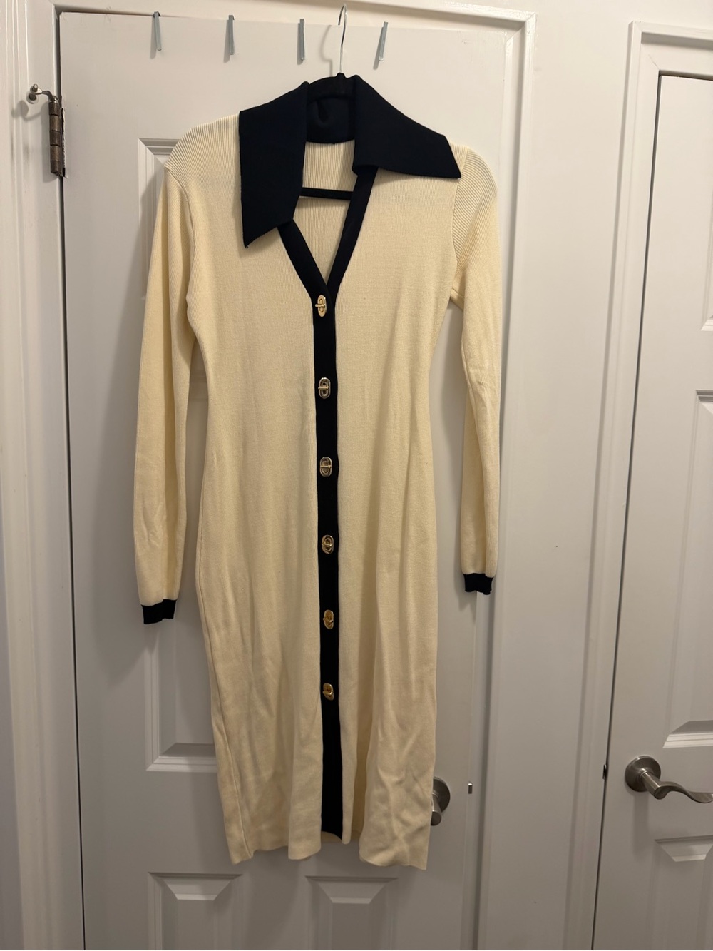 Cream and Black Long Sleeve Button-Front Knit Dress